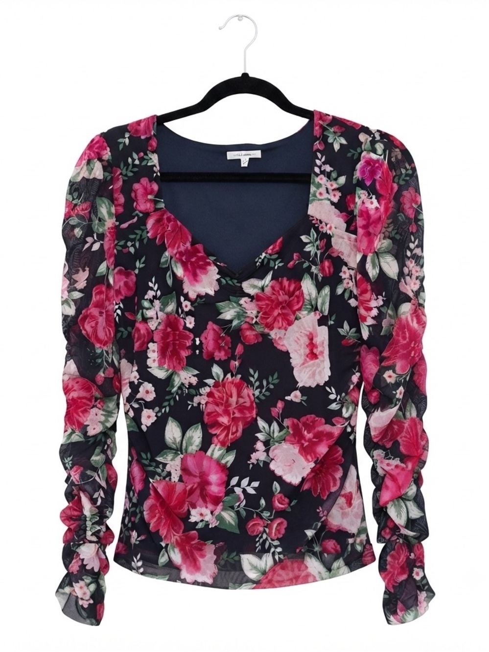Maurices Black Floral Blouse ,ROCHED sides and arms. Size Large! GORGEOUS.